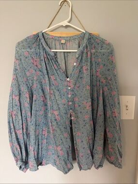 Spell Light Blue Floral Button-Front Blouse